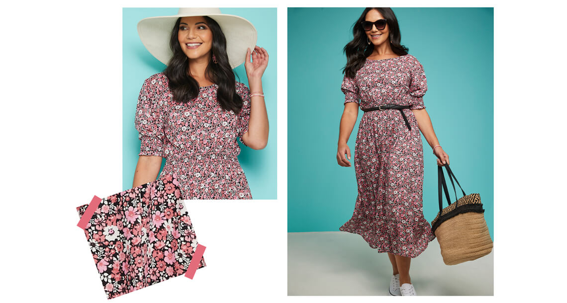 Smock Cuff and Waist Print Viscose Dress